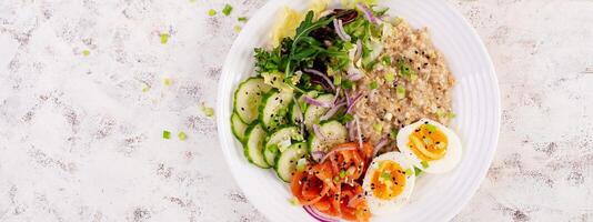 petit déjeuner flocons d'avoine bouillie avec bouilli œufs, sel saumon, concombre et rouge oignons. en bonne santé équilibré aliments. branché aliments. Haut voir, bannière photo