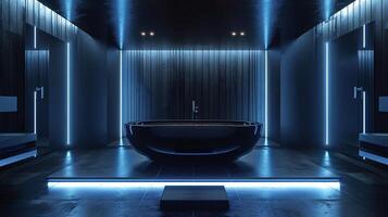 ai généré luxe noir salle de bains intérieur avec ambiant éclairage et futuriste concept photo
