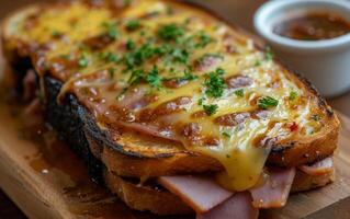 ai généré capturer le essence de un ouvert grillé jambon et fromage sandwich photo