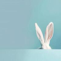 ai généré blanc lapin oreille sur pastel bleu Contexte photo