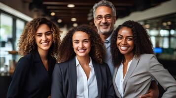 ai généré équipe portrait de diverse professionnels dans une moderne Bureau génératif ai photo