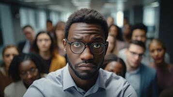 ai généré solitaire noir homme travail dans Bureau tandis que collègues prendre selfies génératif ai photo