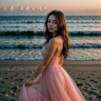 ai généré magnifique fille la mariée dans une rose blanc amoureux tulle longue bal de promo robe des stands sur une voir plage. photo