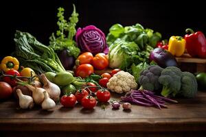 ai généré une table avec une bouquet de des légumes et une bouteille de du vin photo