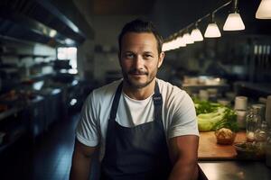 ai généré professionnel chef dans cuisine avec Frais biologique Ingrédients Candide portrait photo