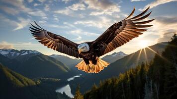 ai généré majestueux américain chauve Aigle planant plus de robuste Montagne pics Contexte. liberté dans vol. photo