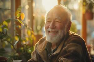 ai généré une captivant image de un personnes âgées homme perdu dans pensée pendant le d'or heure, le sien visage récit une récit de une la vie pleinement vivait photo