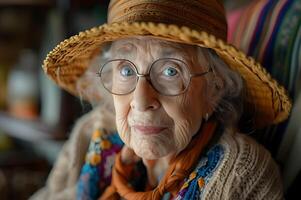 ai généré captivant portrait de un personnes âgées femme avec émouvant yeux, orné dans une tissé chapeau et coloré foulard, exsudant sagesse et une durée de vie de histoires photo