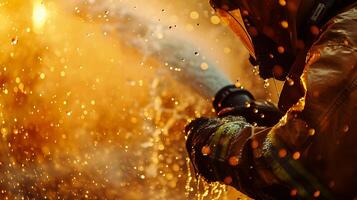 ai généré sapeurs pompiers bataille une massif flamber avec puissant tuyaux, au milieu de une spectaculaire explosion de flammes et des étincelles photo