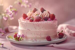 ai généré fraise gâteau sur pastel Contexte photo