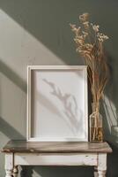 ai généré Vide Toile Cadre modèle avec sec fleurs dans vase sur olive vert mur maquette photo