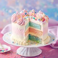 ai généré fantaisie arc en ciel crème gâteau sur pastel Contexte photo