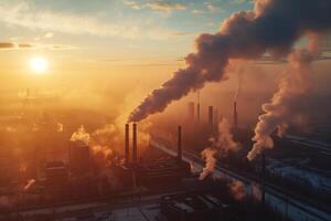 ai généré sale air la pollution fumée de usine cheminée le coucher du soleil temps usine émission photo