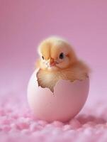 ai généré mignonne petit poussin séance dans fissuré coquille d'oeuf. doux pastel rose Pâques salutation carte. ai généré photo