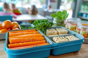 ai généré une enfant boîte à déjeuner arrangé avec hypoallergénique alternatives. génératif ai. photo