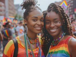 ai généré deux content femmes souriant vivement à une de fête fierté parade. génératif ai. photo