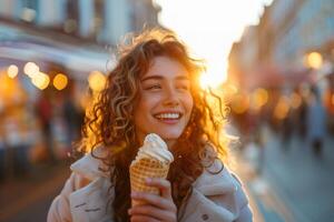 ai généré souriant Jeune femme profiter un la glace crème cône sur un l'automne le coucher du soleil ville rue. génératif ai. photo