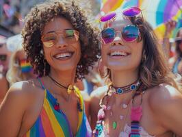 ai généré deux content femmes avec coloré tenues et des lunettes de soleil souriant vivement à une de fête fierté parade. génératif ai. photo