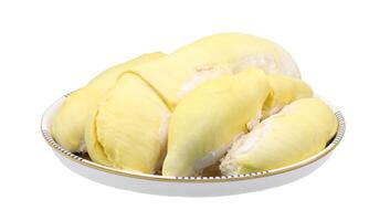durian fruit dans plat isolé sur blanc Contexte photo