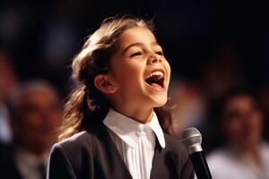 ai généré une Jeune fille enfant en chantant bokeh style Contexte photo