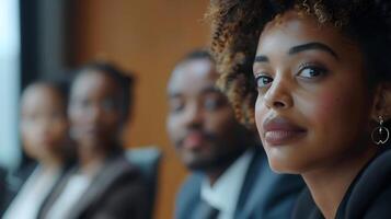 ai généré sur de soi femme d'affaires présente à diverse collègues dans moderne salle de réunion moyen coup avec 50 mm lentille capture expressif faciale réactions photo