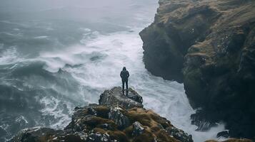 ai généré résistance au milieu de turbulent les mers une figure affronte orageux horizon avec force et détermination photo