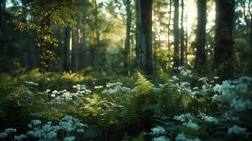 ai généré ensoleillé forêt majesté capturé avec large angle lentille photo