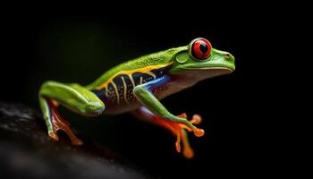 ai généré rouge regardé arbre grenouille séance sur humide branche dans tropical forêt tropicale généré par ai photo