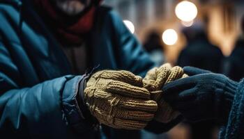 ai généré Jeune adulte en portant une chaud gant dans le hiver nuit généré par ai photo