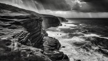 ai généré majestueux littoral, érodé rochers, rupture vagues, horizon plus de l'eau généré par ai photo