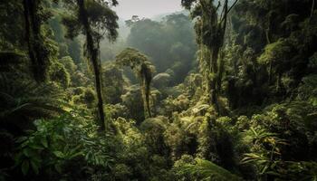 ai généré tranquille tropical forêt tropicale, luxuriant vert feuillage, Montagne pics, et brouillard généré par ai photo