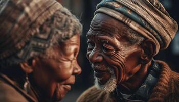 ai généré africain couple souriant, célébrer aimer, en plein air dans traditionnel Vêtements généré par ai photo