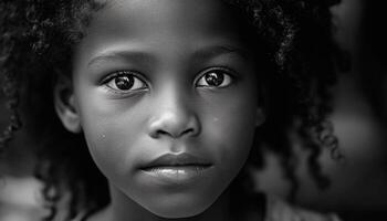 ai généré une mignon, souriant enfant avec frisé cheveux dans une portrait généré par ai photo