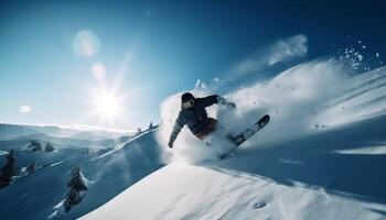 ai généré un la personne planche a neige dans le montagnes, profiter le hiver sport généré par ai photo