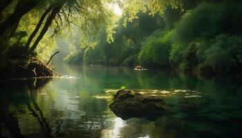 ai généré tranquille scène vert arbre reflète dans paisible étang, la nature beauté généré par ai photo