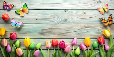 ai généré Pâques Contexte avec coloré printemps tulipes et papillons photo