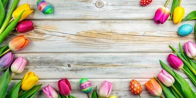 ai généré Pâques Contexte avec tulipes et peint des œufs photo