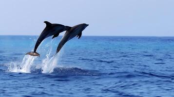 ai généré deux dauphins sauter en dehors de le l'eau. génératif ai. photo