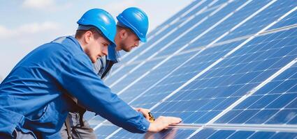 ai généré deux Hommes installation solaire panneau. génératif ai photo