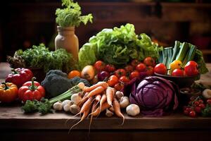 ai généré une table avec une bouquet de des légumes et une bouteille de du vin photo