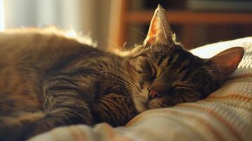ai généré chat siestes dans lumière du soleil confortable national scène capturé avec 50 mm lentille photo