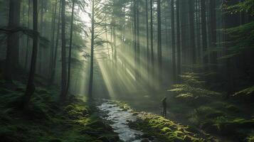 ai généré embrassement changement solitude et anticipation dans le enchanté forêt photo