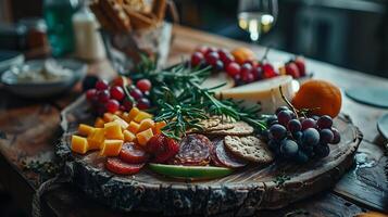 ai généré astucieusement arrangé charcuterie planche parmi doux Naturel lumière et rustique réglage photo