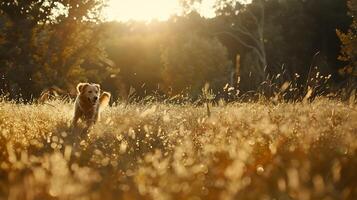 ai généré d'or retriever bornes par ensoleillé champ embrassement Naturel chaleur et liberté photo