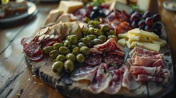 ai généré astucieusement arrangé charcuterie délice sur rustique Contexte baigné dans doux Naturel lumière photo