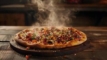 ai généré fraîchement cuit Pizza sur rustique table vapeur en hausse avec coloré garnitures capturé dans fermer avec 50 mm lentille photo