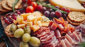 ai généré artisanal charcuterie délice assorti les fromages viandes et des fruits sur rustique en bois Contexte photo