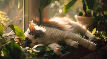 ai généré duveteux chat salons sur ensoleillé rebord de fenêtre parmi vert feuillage baigné dans chaud Naturel lumière photo