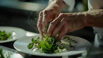 ai généré habile chef garnitures gourmet plat avec Frais herbes dans doux Naturel lumière capturé avec macro lentille photo