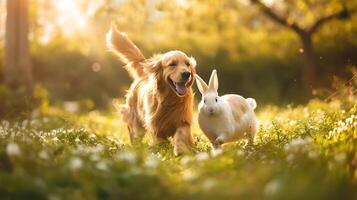 ai généré animal compagnons joyeux les interactions dans le pommelé au soleil jardin photo